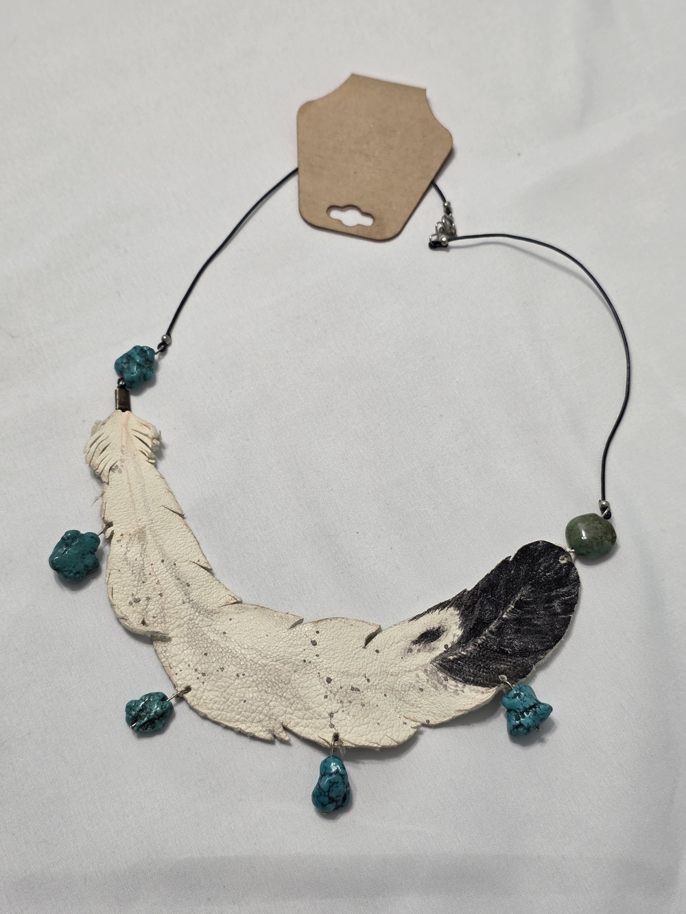 Artisanal Leather Feather Necklace - Turquoise Stone Accents, Boho Southwestern